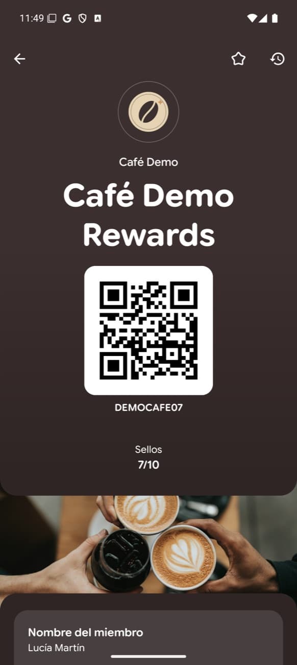 Tarjeta de Café Demo en Google Wallet con 7 de 10 sellos