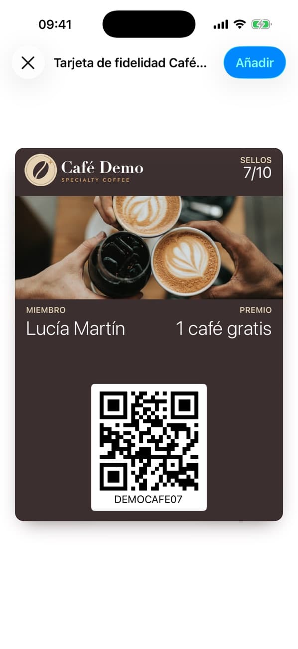 Tarjeta de Café Demo en Apple Wallet con 7 de 10 sellos