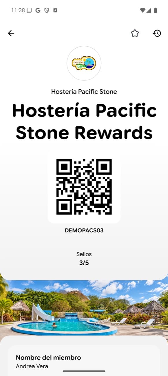 Tarjeta de Hostería Pacific Stone en Google Wallet con 3 de 5 sellos