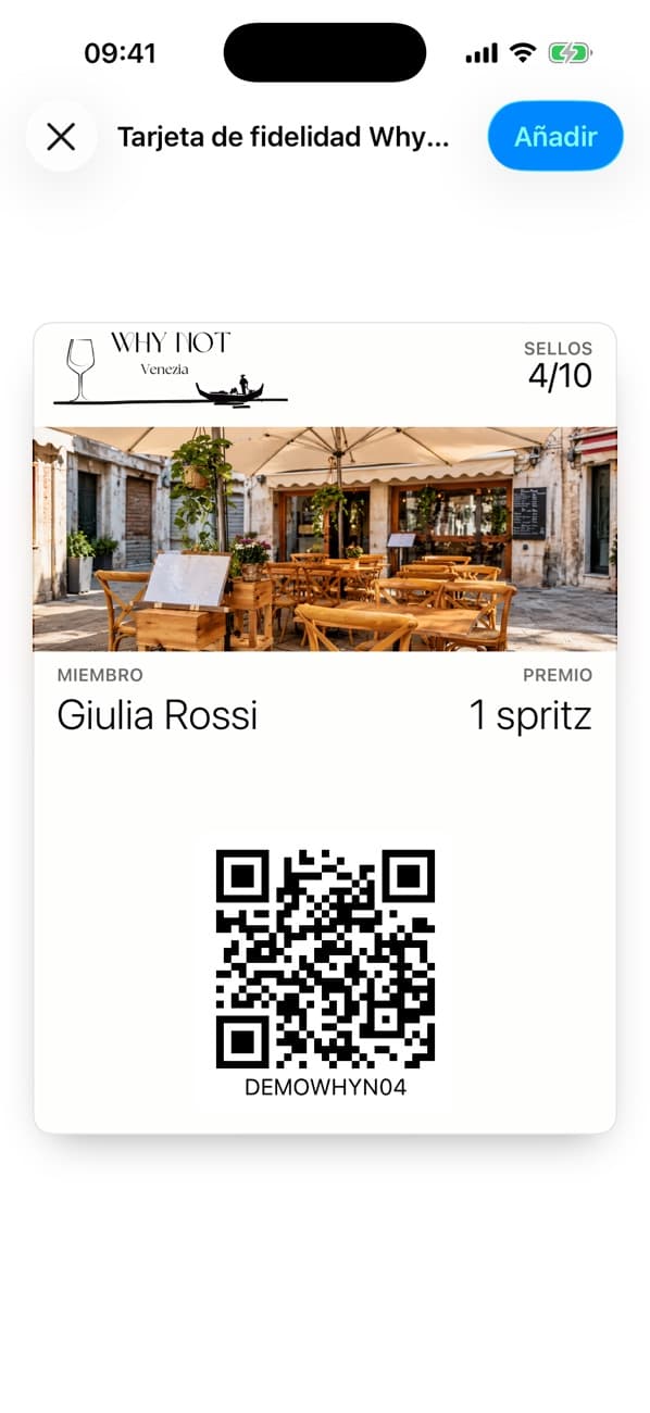 Tarjeta de Why Not Hostaria en Apple Wallet con 4 de 10 sellos
